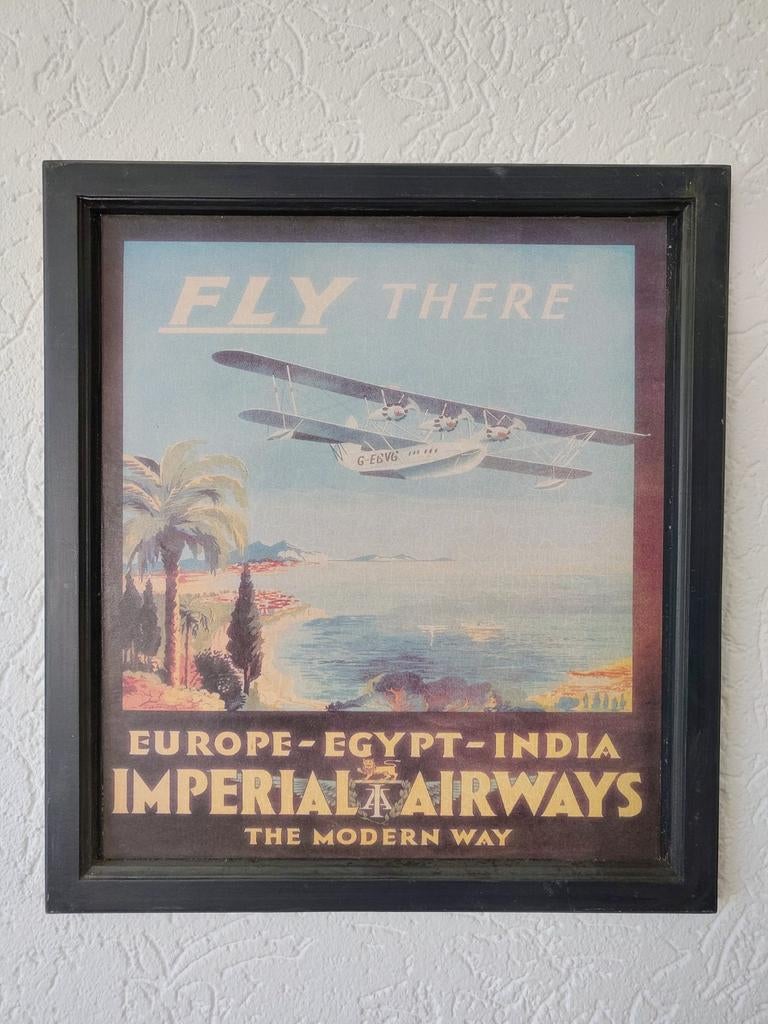 Vintage Imperial Airways poster in lijst - 'Fly There', Met lijst, Ophalen of Verzenden, A1 t/m A3, Reclame