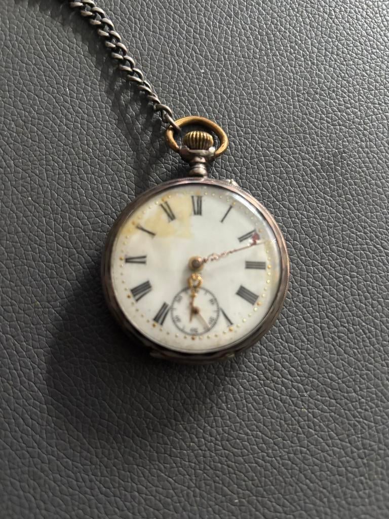 Antiek Zakhorloge Remontoir Cylindre 6 Rubis met ketting, Overige materialen, Zakhorloge, Met ketting, Voor 1900