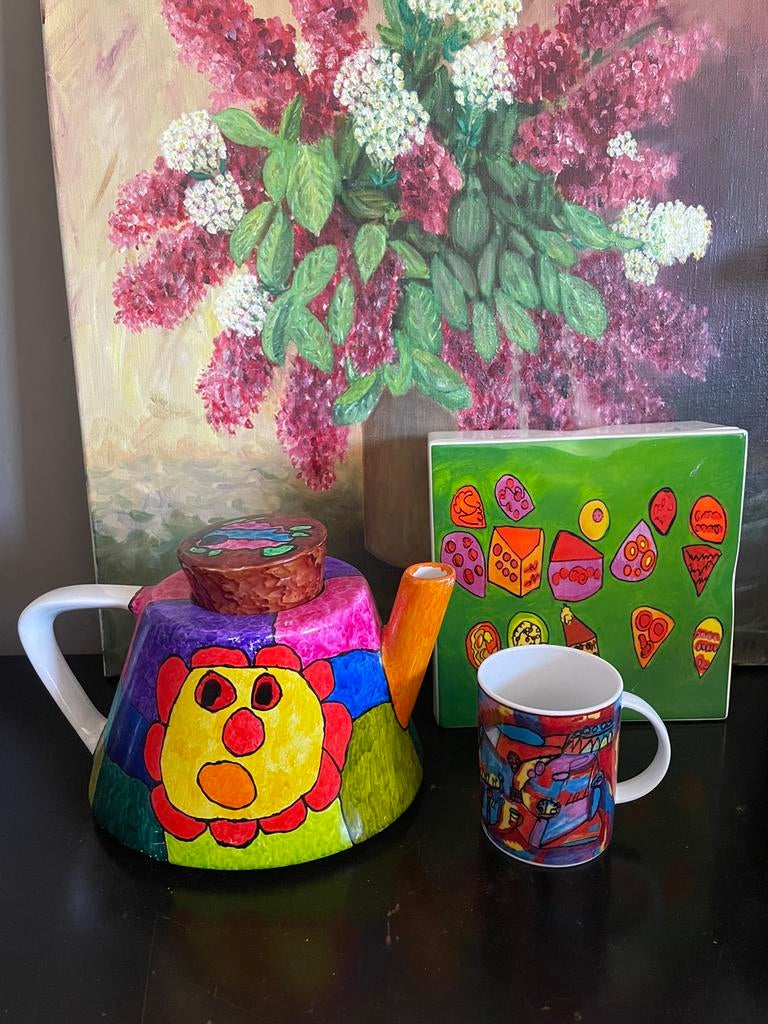 Schoonhoven keramiek koektrommel mok theepot naïeve kunst, Keramiek, Ophalen of Verzenden, Zo goed als nieuw, Overige stijlen