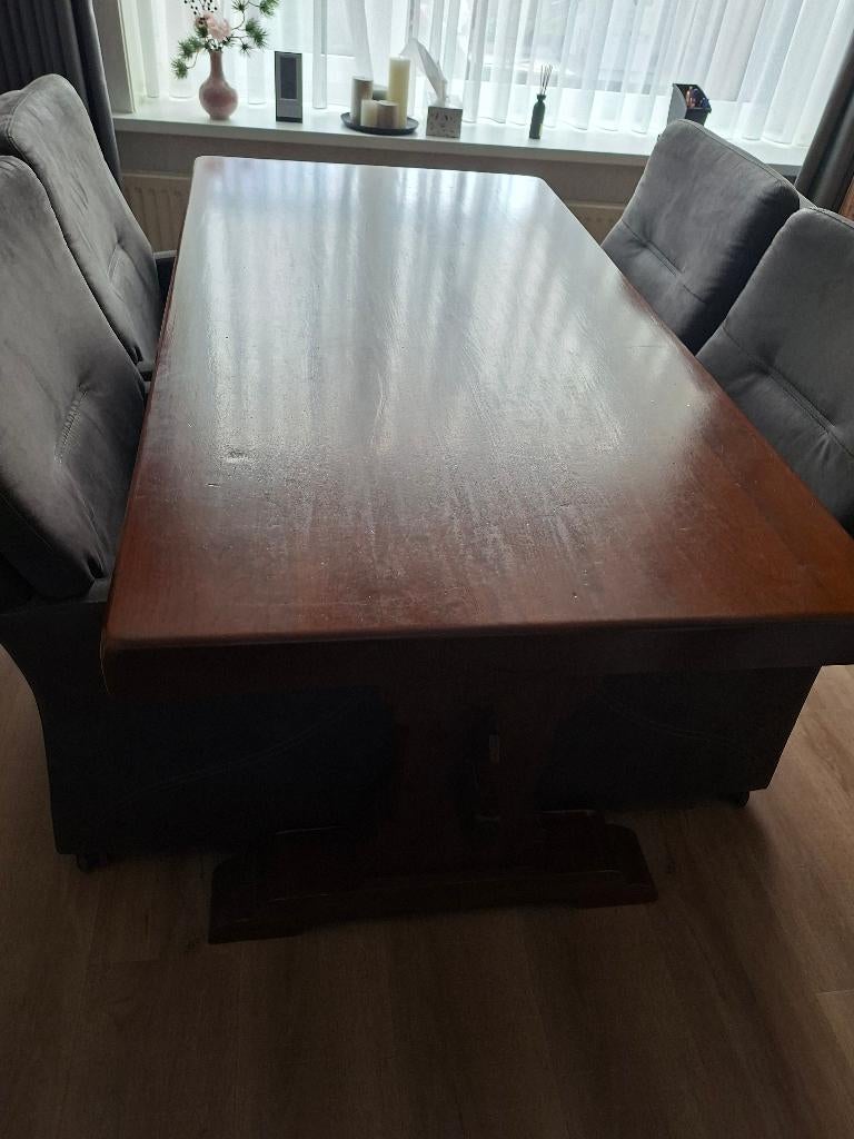 eet tafel zwaar eiken met 4  eetkamerstoelen, Ophalen, Gebruikt, Eikenhout, 50 tot 100 cm