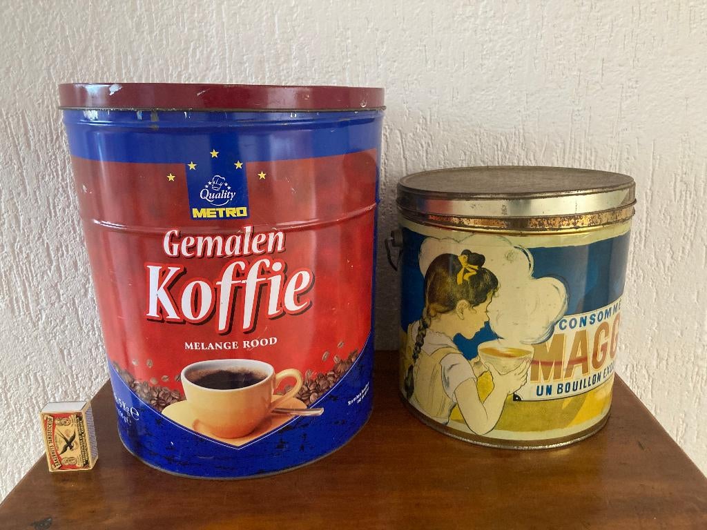 2 grote vintage keukenblikken Maggi koffie opbergblikken, Ophalen of Verzenden, Gebruikt, Overige