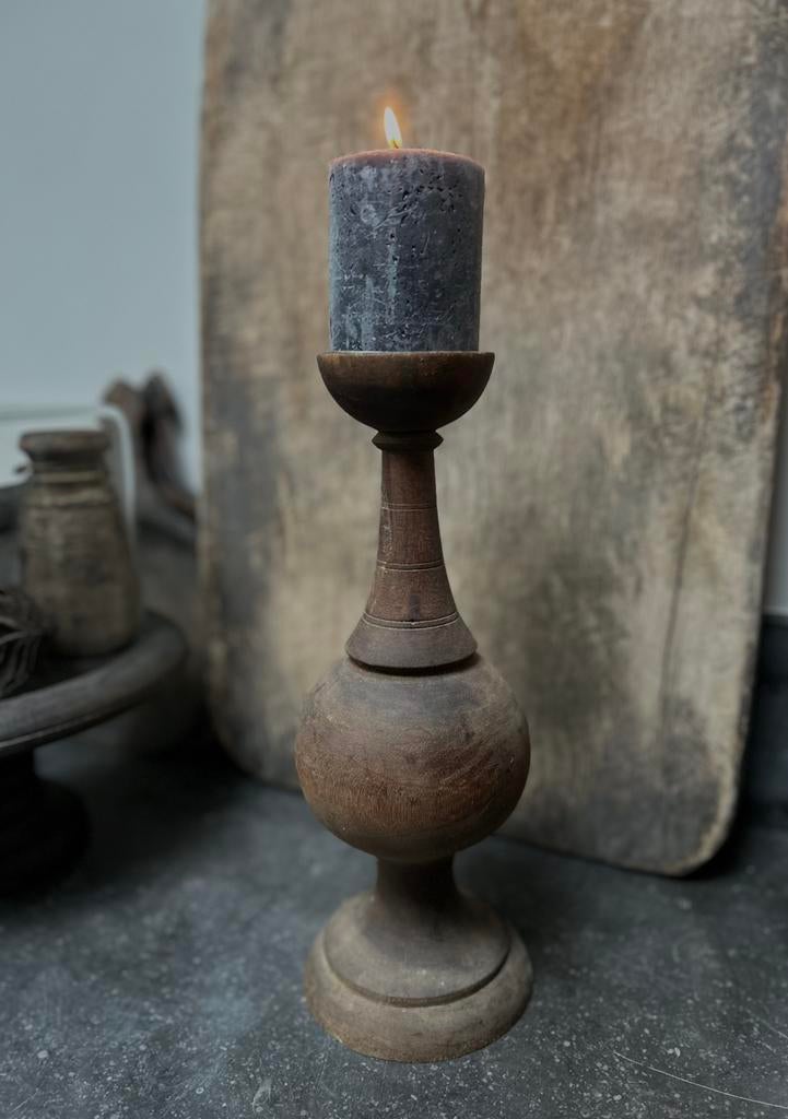 Houten bol kandelaar baluster zonder kaars sober sleets, Ophalen of Verzenden