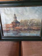 Olieverfschilderij van J. Kroon - Haven met kerk, Ophalen of Verzenden
