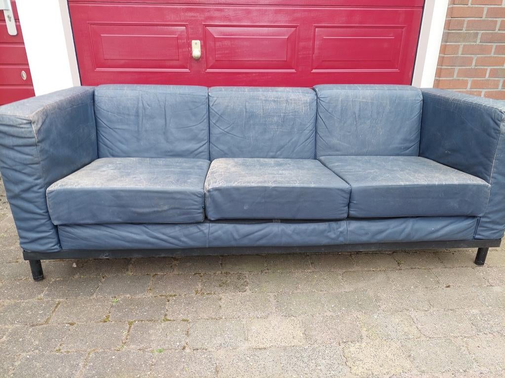 Harvink design bank, 3-zits, blauw leer, zwart stalen frame, Huis en Inrichting, Banken | Bankstellen, Ophalen, Gebruikt, Driepersoons