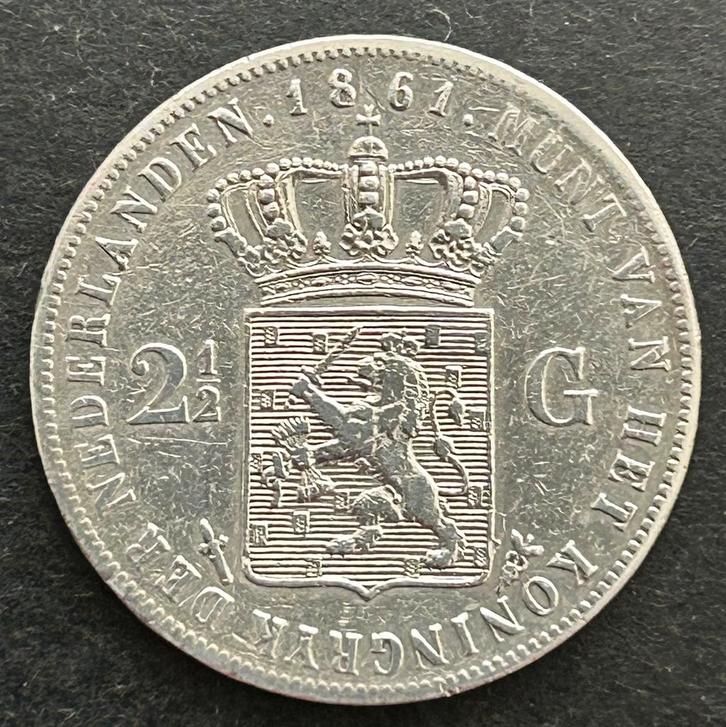Rijksdaalder 1861 zonder punt achter F, Postzegels en Munten, Munten | Nederland, Losse munt, 2½ gulden, Koning Willem III, Zilver