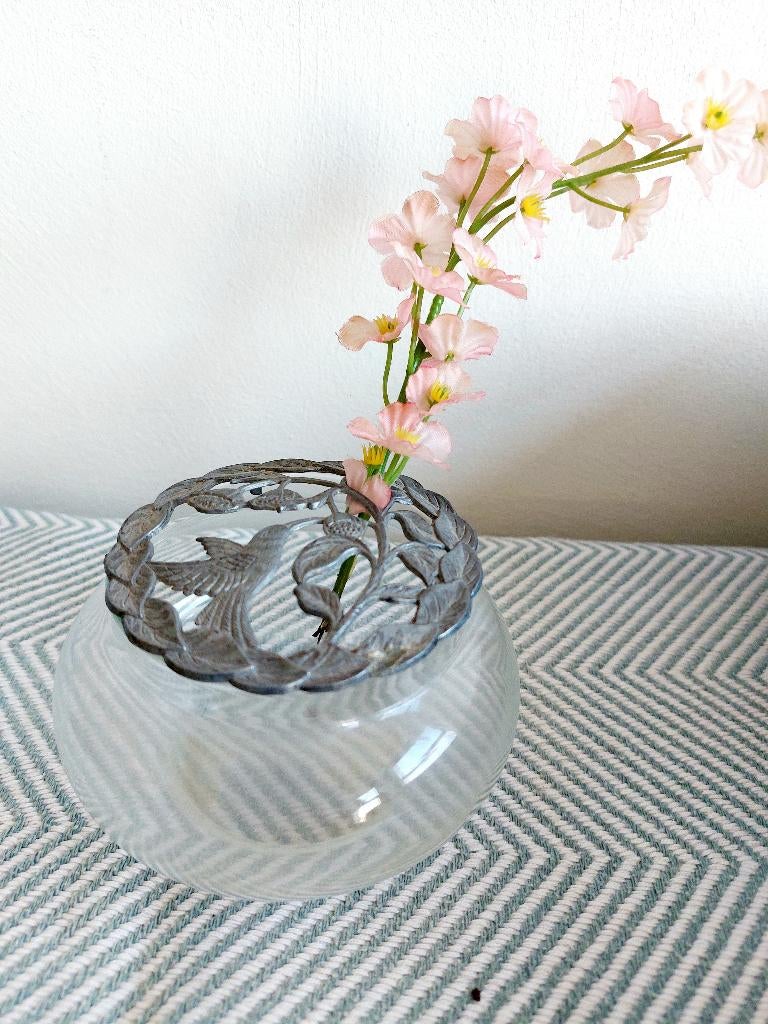 vintage potpourri glas tin kolibri colibri bloemsteker potje, Antiek en Kunst, Ophalen