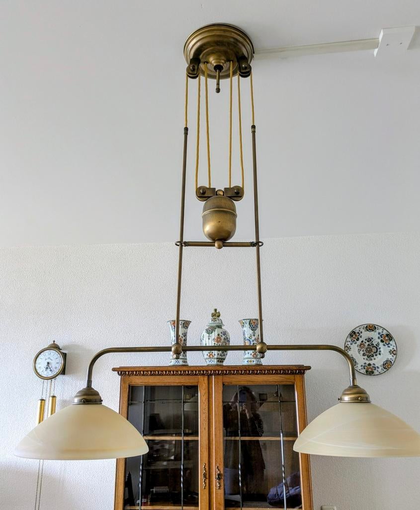 Vintage hanglamp met katrol, Huis en Inrichting, Lampen | Hanglampen, Ophalen, Gebruikt, Vintage, Klassiek, Glas