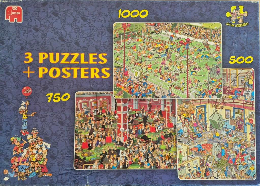 Jan van Haasteren 3 puzzels in doos, Ophalen of Verzenden, 500 t/m 1500 stukjes, Gebruikt, Legpuzzel