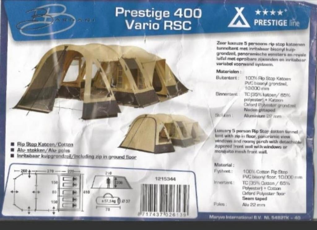 Bardani Royal Prestige 400 RSC tunneltent 5 persoons, Caravans en Kamperen, Tenten, Ophalen, Zo goed als nieuw, Tot en met 5