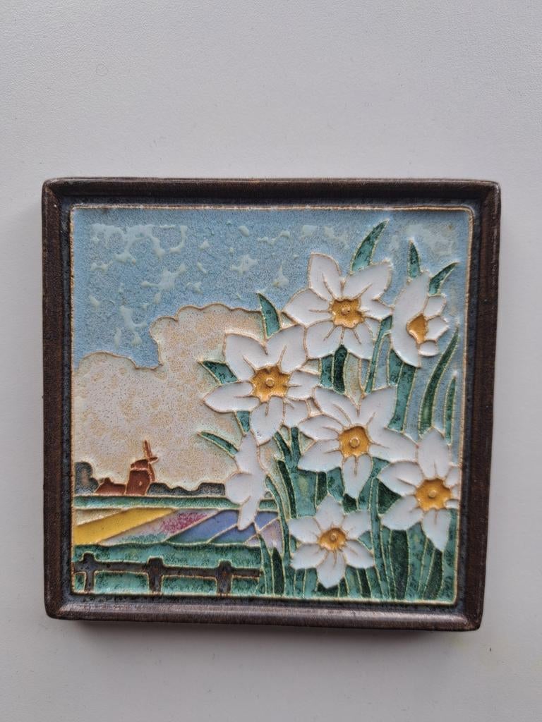Cloisonné tegel De Porceleyne Fles witte narcissen, Ophalen of Verzenden