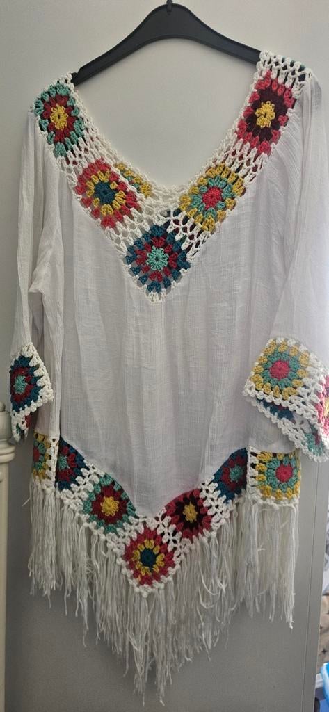 Witte Boho Tuniek met Gehaakte Details en Franjes, Kleding | Dames, Tops, Maat 38/40 (M), Wit, Ophalen of Verzenden, Lange mouw