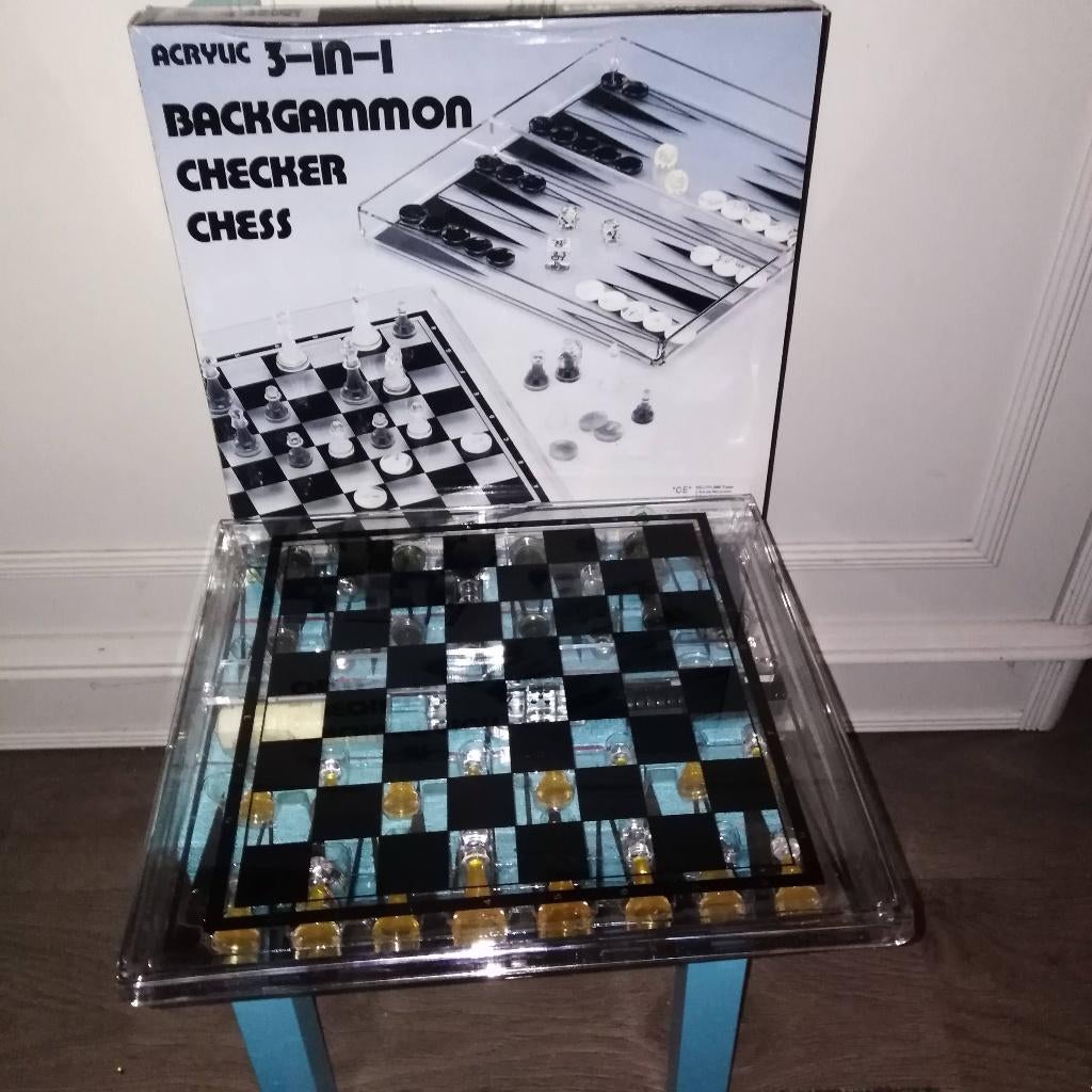 Spellenbox 3 in 1 acryl, Hobby en Vrije tijd, Gezelschapsspellen | Bordspellen, Ophalen of Verzenden, Zo goed als nieuw