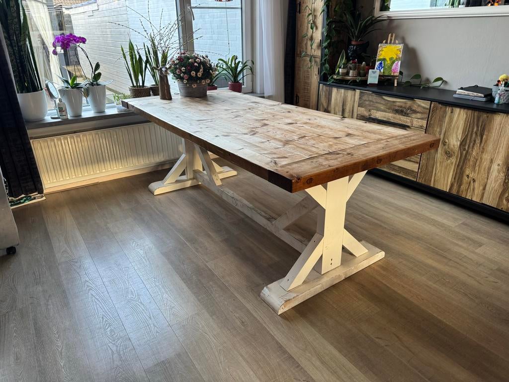 Houten eettafel met wit onderstel, Huis en Inrichting, Tafels | Eettafels, Gebruikt, Verzenden, 200 cm of meer, Kloostertafel