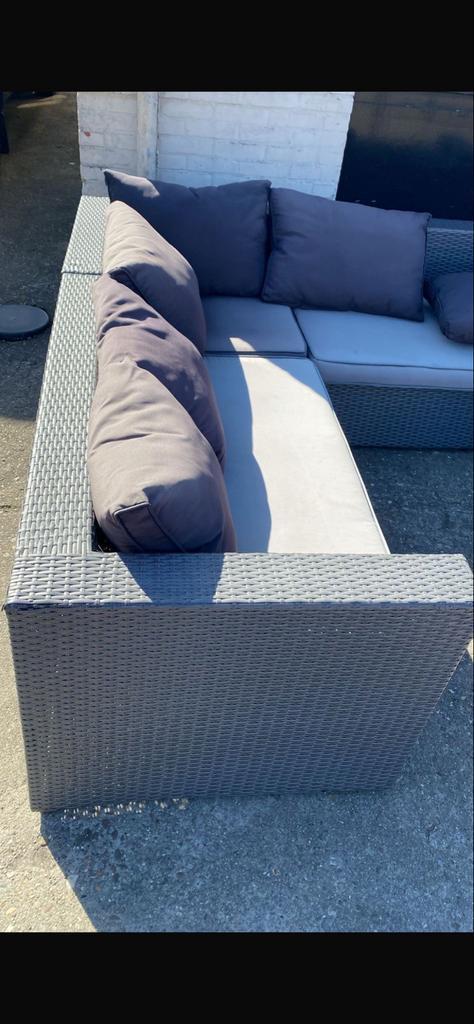 Loungebank tuinset hoekbank Wicker Grijs met Kussens, Tuin en Terras, Tuinsets en Loungesets, Gebruikt, Loungeset, Wicker, 4 zitplaatsen