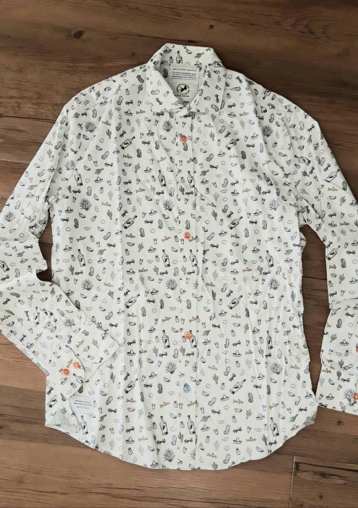Mooi getailleerd Overhemd met Salsa print, a Fish named Fred, Kleding | Heren, Wit, Ophalen of Verzenden, Zo goed als nieuw, Overige halswijdtes