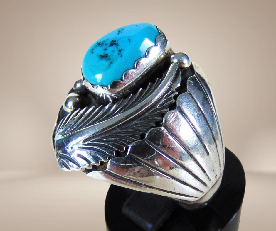 Grote NAVAJO zilver turquoise prayer fan ring M22/22,5!, 20 of groter, Verzenden, Zo goed als nieuw, X