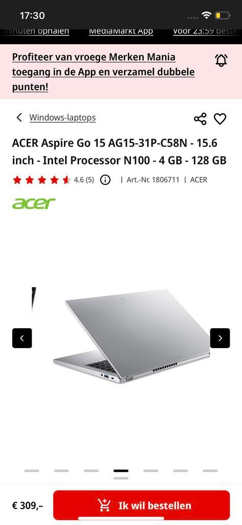 Acer Aspire laptop, Computers en Software, Chromebooks, Zo goed als nieuw, 16 inch of meer, 4 GB of minder, 128 GB, Ophalen
