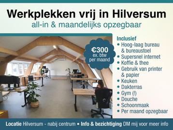 Werkplek in Hilversum, maandelijks opzegbaar, €300 p/m beschikbaar voor biedingen
