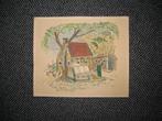 Tekening Boerderij Huisje Gekleurd Vintage, Ophalen of Verzenden