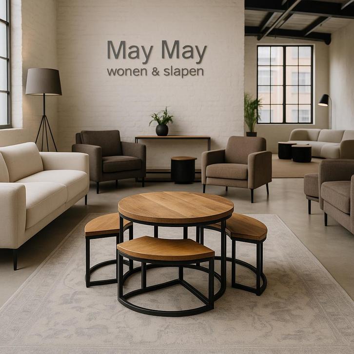 Salontafel met 4 bijzettafels mango/metaal Direct/Leverbaar, Huis en Inrichting, Tafels | Salontafels, Nieuw, Minder dan 50 cm