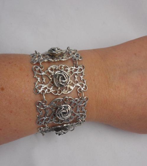 Zilveren royale armband met grote schakel en roos nr.203, Sieraden, Tassen en Uiterlijk, Armbanden, Zo goed als nieuw, Zilver