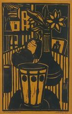 790. Linoleumsnede, expressionistisch stilleven, 1971, Antiek en Kunst, Ophalen of Verzenden