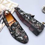 Zwarte heren loafers met bloemen / moccasins luxe instappers, Nieuw, Loafers, Zwart, Verzenden