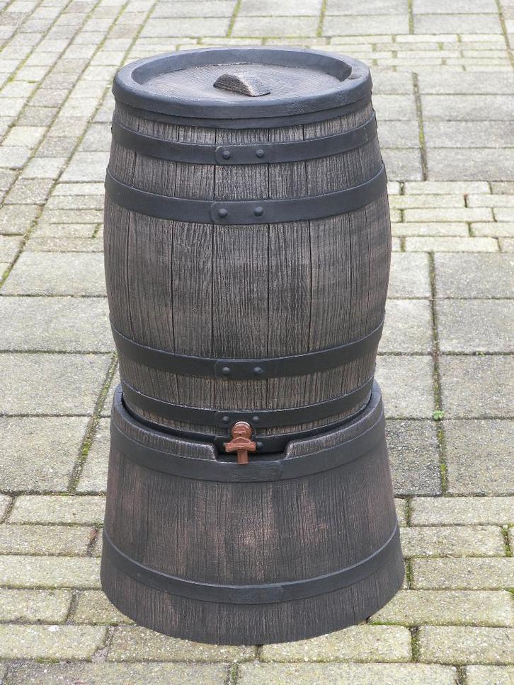 Regenton, kunststof 50 liter, houtlook, grijs en bruin., Tuin en Terras, Regentonnen, Nieuw, Kunststof, Minder dan 75 liter, Met kraantje