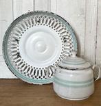 Emaille oud Frans broodmandje wit met mint groen, Ophalen of Verzenden