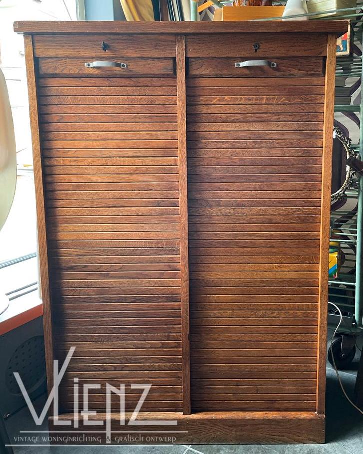 Vintage, antieke dubbele roldeurkast, archiefkast hout, Huis en Inrichting, Kasten | Roldeurkasten en Archiefkasten, Gebruikt