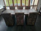 Eettafel met 6 stoelen, Huis en Inrichting, Complete eetkamers, Ophalen of Verzenden, Zo goed als nieuw, Landelijke boeren tafel met micro-leder design fauteuils