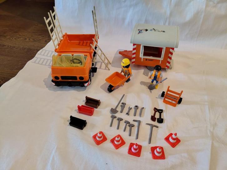 Playmobil bouwvakkers + wagen met schaftkeet, Kinderen en Baby's, Speelgoed | Playmobil, Gebruikt, Complete set, Ophalen of Verzenden