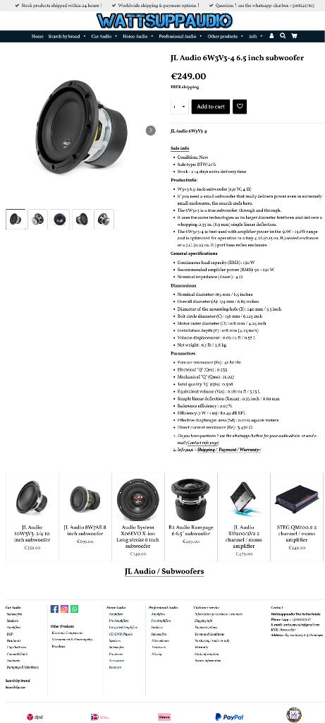 JL Audio 6W3V3-4 6.5 inch subwoofer, Hifi-Focus, Aalsmeerderweg 173 1432 CL, Aalsmeer, Nieuw, Ophalen of Verzenden