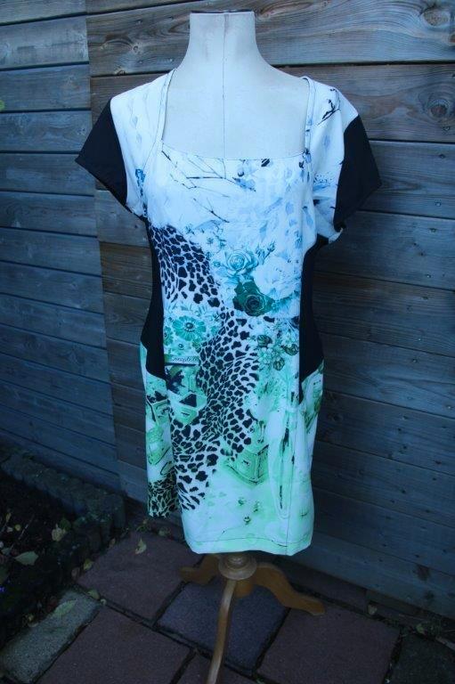 Jurk zwart/ creme/ groen/ blauw Etoile du Monde mt 6 (XL) V, Kleding | Dames, Jurken, Zo goed als nieuw, Maat 46/48 (XL) of groter