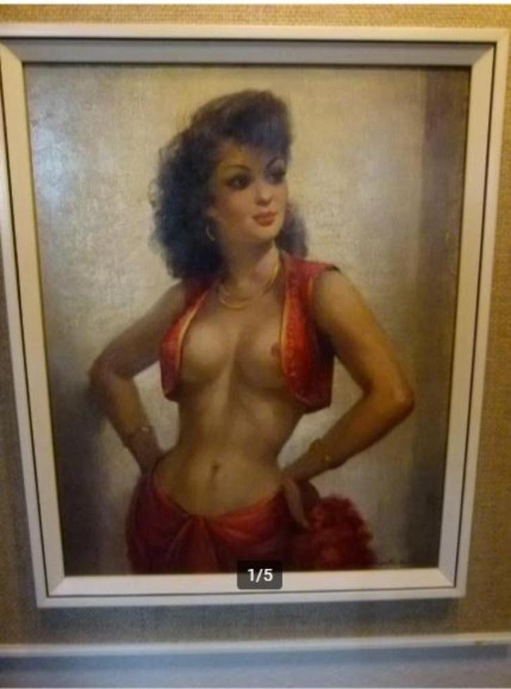 vintage schilderij ``Zuiderse Schone`` zigeunerin naakt, Antiek en Kunst, Kunst | Schilderijen | Klassiek, Ophalen