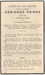 Adrianus Vriens 1914 Bergen op Zoom + 1943, 28 jaar oud, Verzamelen, Bidprentjes en Rouwkaarten, Verzenden