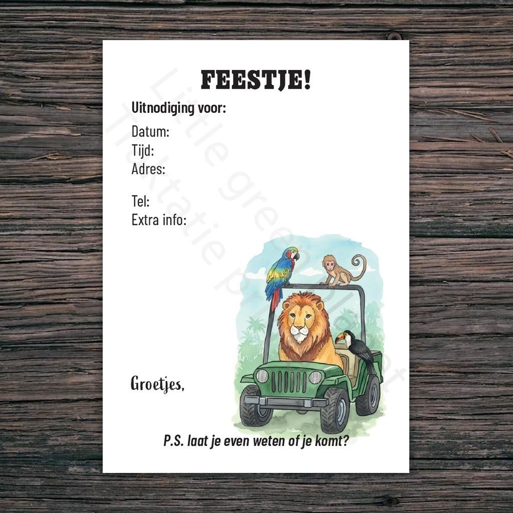 Uitnodiging kinderfeestje - Jungle/safari dieren - Printable, Kinderen en Baby's, Verzenden, Nieuw