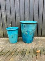 Grote XL bloempotten set blauw turquoise geglazuurd, Tuin en Terras, Bloembakken en Plantenbakken, Ophalen, Steen, Minder dan 30 cm