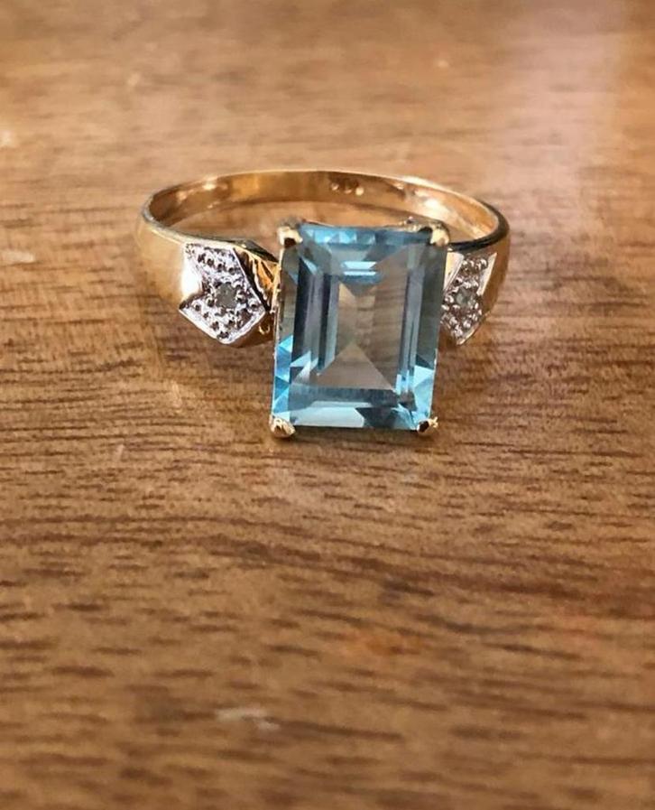 10K Gouden Ring Aquamarijn & Diamanten - Maat 17, Sieraden, Tassen en Uiterlijk, Ringen, Zo goed als nieuw, Dame, 17 tot 18, Goud