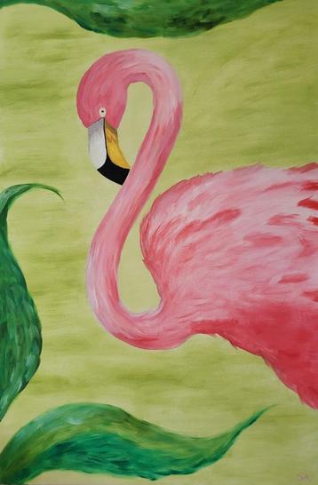 Groot, vrolijk flamingo schilderij 80x120cm, zelfgeschilderd