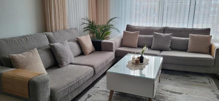 Zo goed als nieuw! Kleur: Olijf-Grijs/Ecru 230×120, Huis en Inrichting, Banken | Complete zithoeken, Zo goed als nieuw, Stof, Ophalen of Verzenden