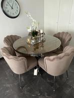 Grote eettafel met houtmotief, glazen plaat en dikke poten, Huis en Inrichting, Tafels | Eettafels, Ophalen, 150 tot 200 cm, Rond