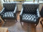 Chesterfield fauteuils zwart, Ophalen, Gebruikt, 50 tot 75 cm, Leer