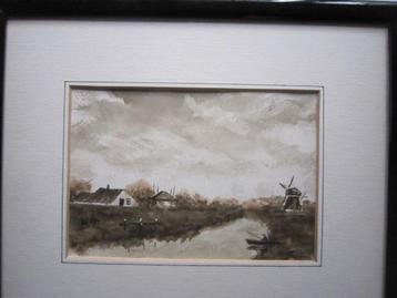 Leuke Bruintinten Aquarel Hollands Waterlandschap  beschikbaar voor biedingen