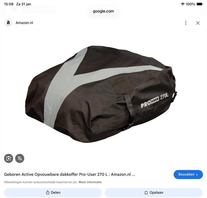 Dakkoffer- tas 270 ltr inhoud, Auto diversen, Dakkoffers, Zo goed als nieuw, Ophalen