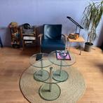 Drie stuks Metaform glazen bijzet tafels, 50 tot 100 cm, Rond, 50 tot 100 cm, Zo goed als nieuw