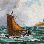 Olieverf op doek platbodem op zee J. Hogendijk IJmuiden., Antiek en Kunst, Kunst | Schilderijen | Klassiek, Ophalen
