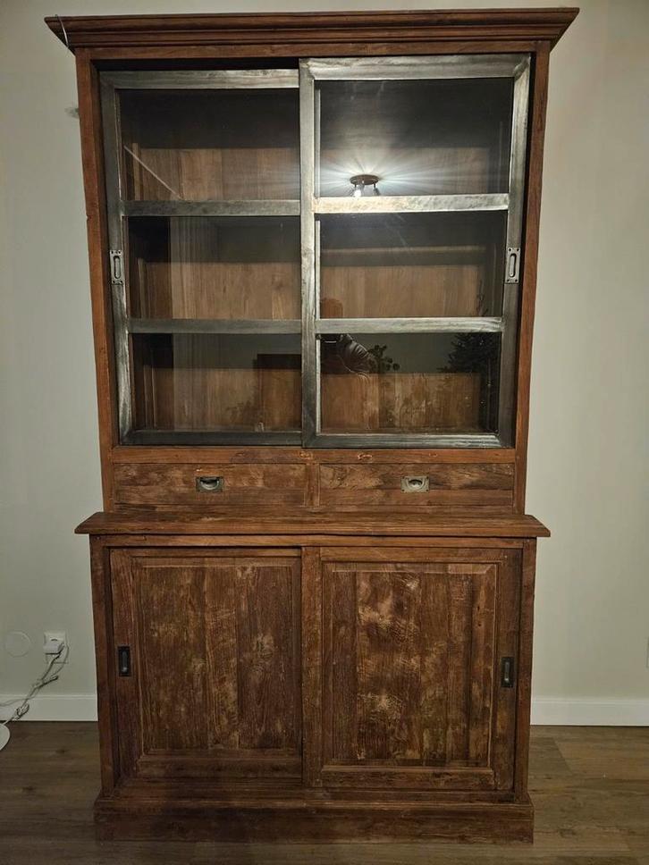 Teak kast met stalen details - 221x125x55 cm, Huis en Inrichting, Kasten | Boekenkasten, Gebruikt, 100 tot 150 cm, 200 cm of meer