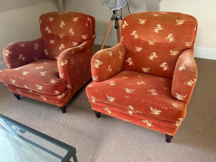 Oranje Stoelen & Voetenbankje met Gouden Opdruk, Huis en Inrichting, Fauteuils, Gebruikt, Stof, 75 tot 100 cm, Ophalen