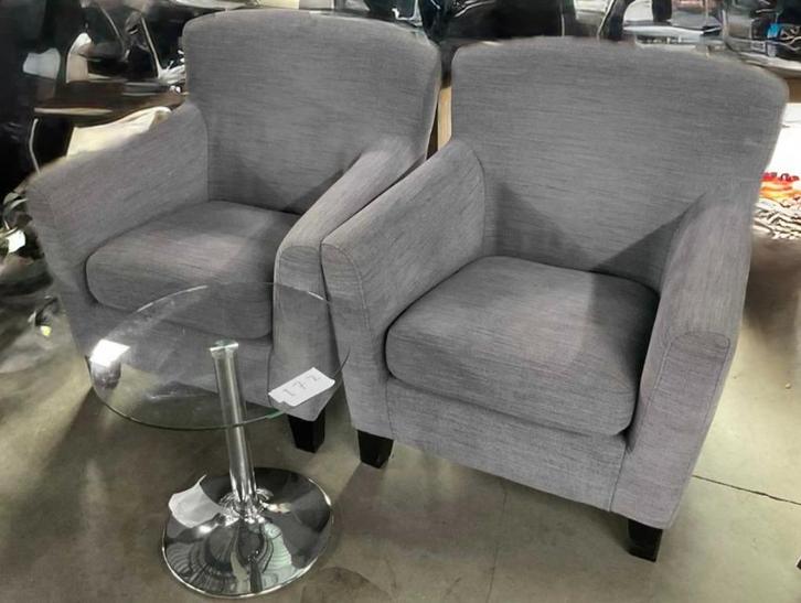 Set van 2 Grijze Fauteuils + Glazen Bijzettafel Moderne Look, Huis en Inrichting, Fauteuils, Gebruikt, Hout, Metaal, Stof, Overige materialen